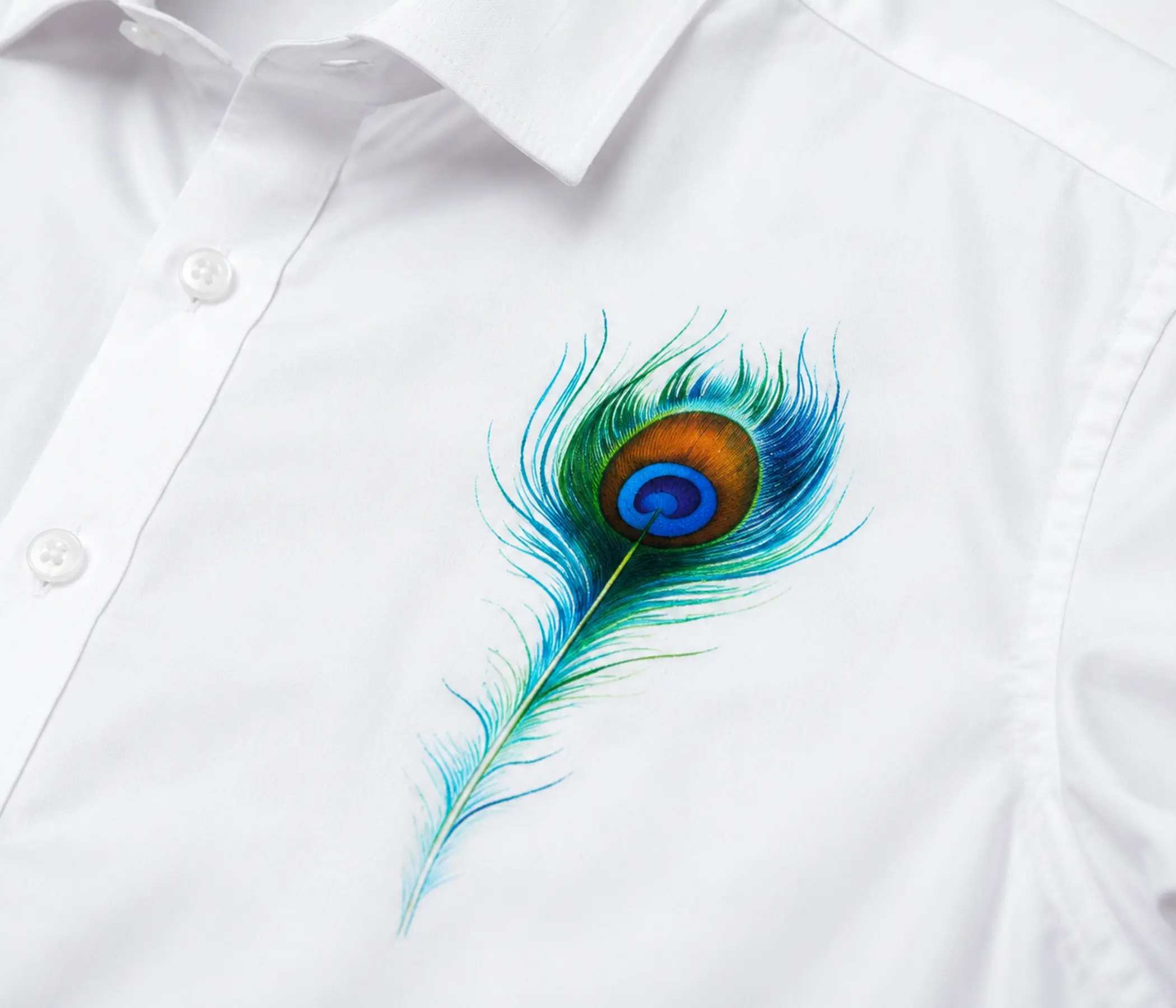 Pure White Hand-Painted Peacock Feather Shirt for Perfect Mens Collection